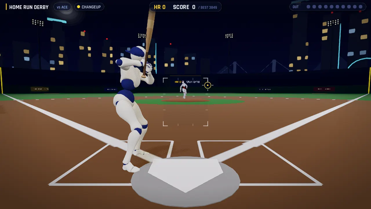 Beer League Baseball home run derby at night — batter at the plate under stadium lights with a city skyline, the pitch tracker reticle sitting in the strike zone, HUD showing ACE pitcher, changeup, score and ten out markers