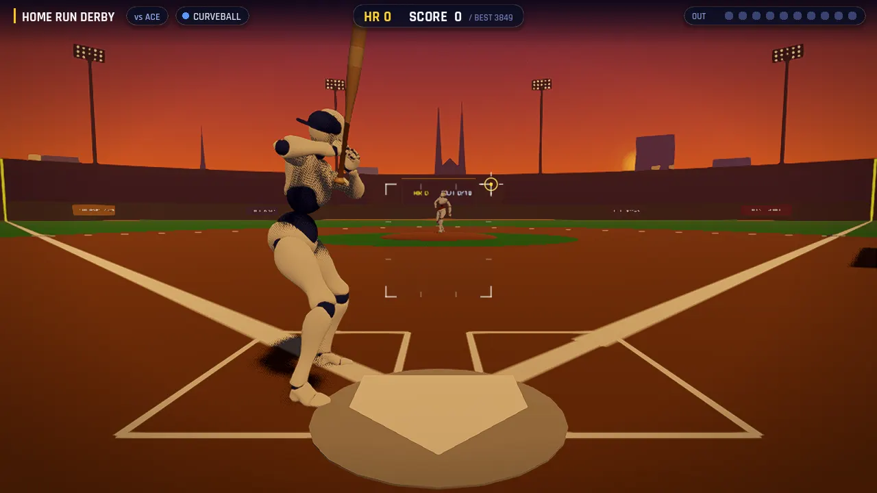 Beer League Baseball at sunset — orange sky over the stadium, batter waiting on a curveball from the ACE pitcher, the pitch tracker and strike zone brackets visible over the mound