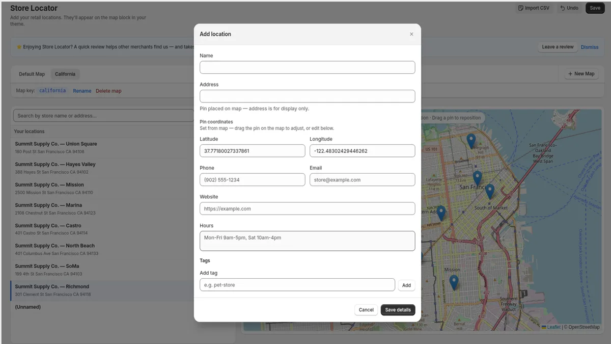 Pinpoint admin dashboard in Shopify — adding a location with name, address, pin coordinates, phone, email, website, hours, and tags beside a live map preview