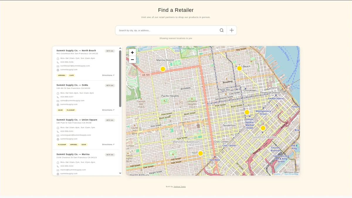 Pinpoint store locator on a Shopify storefront — a Find a Retailer page with search bar, list of store locations with hours and contact details, and an interactive OpenStreetMap map